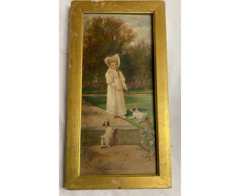 David W Haddon (act. 1884-1911) oil on board, signed and dated 04 lower left, young girl playing with puppies in garden scene