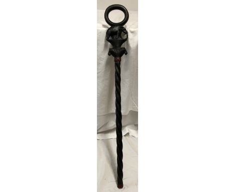 African ebony carved walking stick, twist stem, elephant and lions carving. 94cm l.Condition ReportFairly good condition, no 