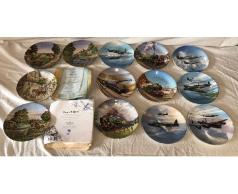 Royal Worcester decorative plates collection of 13 assorted designs, Farm Scene, Canal Barges, Trains and WW II Aircraft, wit