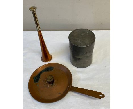 Copper candlestick and small horn (with brass end) and a Chinese Kut Hing Swatow Pewter Tea Caddy depicting exotic birds and 