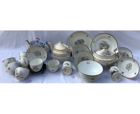 A collection of early 19thC bat print cups, saucers and teapot with 2 other early 19thC teapots.Condition ReportBlue and whit