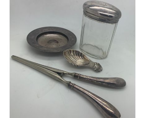 Silver to include caddy spoon Birmingham 1964, silver handled glove stretchers, silver topped glass jar and silver dish Londo
