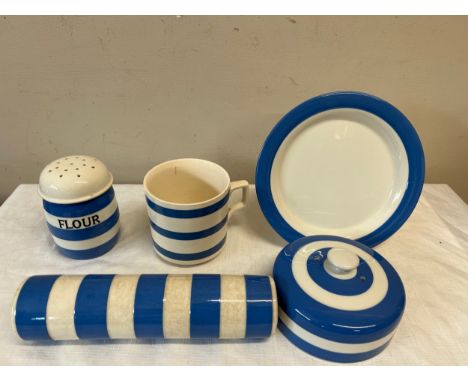 Cornish Ware to include muffin dish with lid 21cm d, flour dredger and rolling pin. Large blue and white striped mug.Conditio