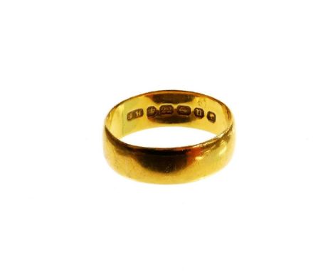 A 22ct gold wedding band, of plain design, Birmingham 1887, ring size K½, 3.7g all in.