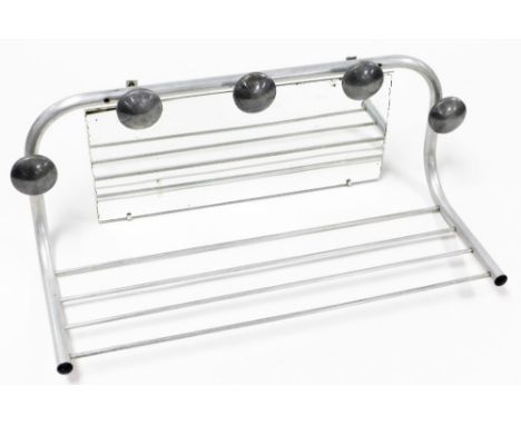 A vintage bathroom shelf rack, with five hanging sections rectangular back plate mirror and shelf, 32cm high, 58cm wide, 20cm