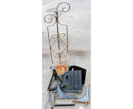 Various garden items, to include cast metal hanging basket bracket, a jack and wall mounted candle stand, with cast inset tra