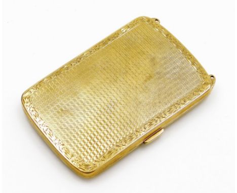 A cigarette case, with engine turned decoration, with floral border and central rectangular section, with clip clasp opening 