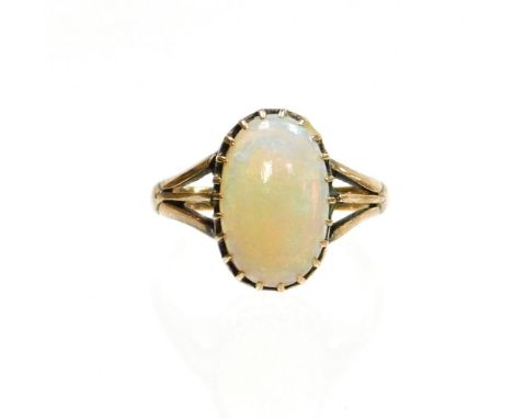 A 9ct gold opal dress ring, set with oval opal in claw setting, with three strand v splayed shoulders, ring size K, 1.9g all 