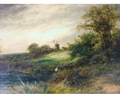 R. Kerry (19thC School). Field scene with windmill and farm, oil on canvas, signed, 39cm x 60cm, in gilt ornate frame. 