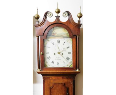 J A Hall. A late 19thC mahogany cased longcase clock, the dial with maker JAS Hall of Sleaford, with a painted dial on a carv