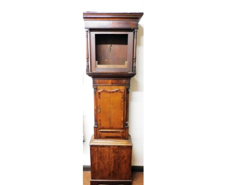 A late 19thC mahogany longcase clock case, the square set hood above a single door on a stepped base, 206cm high, 54cm wide, 
