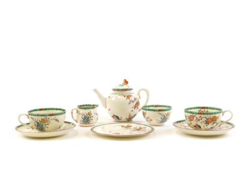 A Royal Worcester Old Bow pattern reproduction part tea service, comprising tea pot, milk jug, sugar bowl, two cups and sauce