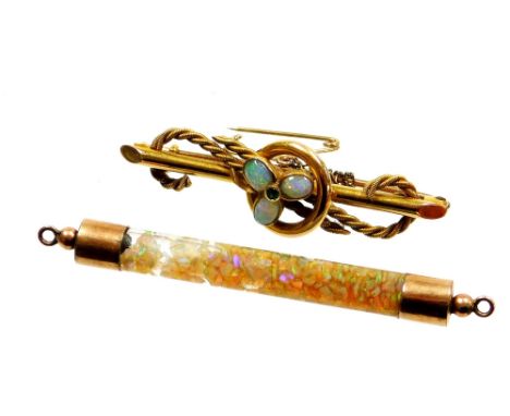 Two items of opal set jewellery, to include an Edwardian opal set bar brooch with three point clover set with opal, with a ce