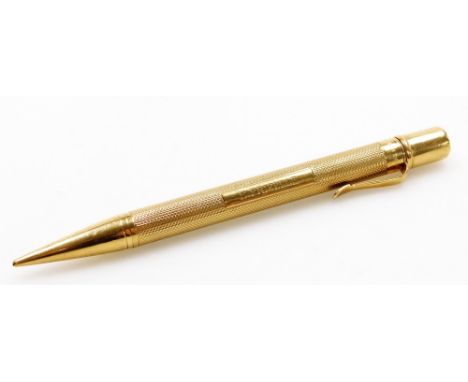 A Sampson Mordan &amp; Co 9ct gold Everpoint propelling pencil, with engine turned decoration and engraved E Frizelle. 