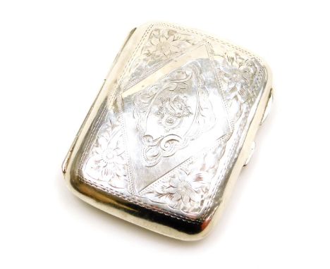 A George V silver cigarette case, with engine turned decoration, of flowers and leaves, bearing initials CS?, Chester 1913, 1