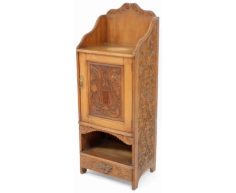 A late Victorian pot cupboard, the moulded top cornice above shelf with single door and cupboard door and drawer base, with h