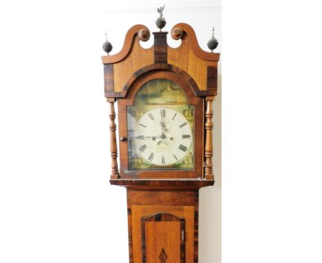 An early 19thC oak longcase clock, with rosewood cross banding having swan neck pillared hood, full length trunk door, painte