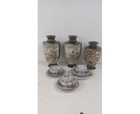A pair of 20th century Satsuma vases 30cm h A/F, together with one other vase along with a part Japanese tea service Location