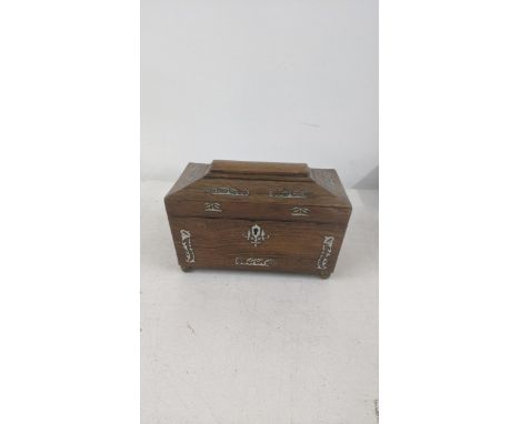 William IV rosewood and mother of pearl inlay tea caddy on four brass ball feet, with red velvet line interiorLocation: A3BIf