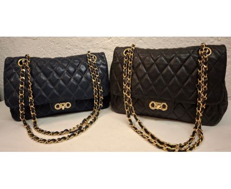 Two vintage Italian soft calfskin leather padded and double flap shoulder bags in navy and black with gold tone hardware and 