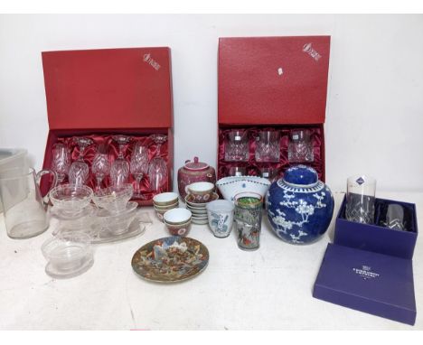 A mixed lot of ceramics and glassware to include a Chinese prunus blossom jar and cover, tea set, Edinburgh Crystal tumblers 