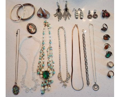 Early 20th Century and later marcasite, silver, white metal and paste stone jewellery to include earrings, a tiger's eye ring
