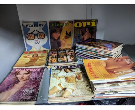 A collection of vintage Playboy, Penthouse, and Oui glamour magazines, mainly circa 1970, with one Playboy April 1968, and on