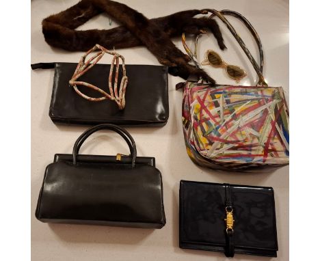 A group of vintage bags to include a 1990's Leo Monk multi-coloured leather shoulder bag with abstract paint stroke effect an