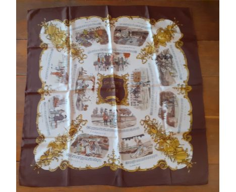 Hermes- A 1970's 'Chansons de France' silk scarf designed by Phillippe Ledoux in brown, cream and gold tones depicting images
