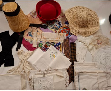 A mixed fashion lot comprising hats to include Bermona, vintage commemorative scarves, gloves, ties, linen and handkerchiefs.