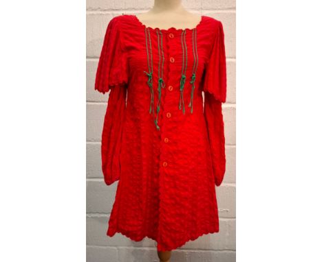 Mary Quant-An early 1970's Gingers Group red cotton short dress having green embroidery to the bodice and red button front fa