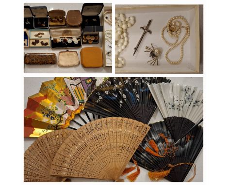 A quantity of late 20th Century cufflinks, a small quantity of vintage jewellery, fans and small collectables to include a pa
