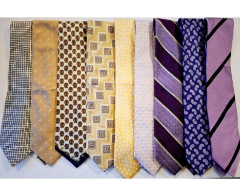 A collection of yellow, gold and purple coloured ties to include Lanvin, Austin Reed, Gianfranco Ferre, Ermenegildo Zegna and
