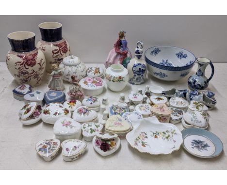 A mixed lot to include a Doulton Blithe Morning figure, Delftware trinket boxes, vases marked Derby to the base and other ite