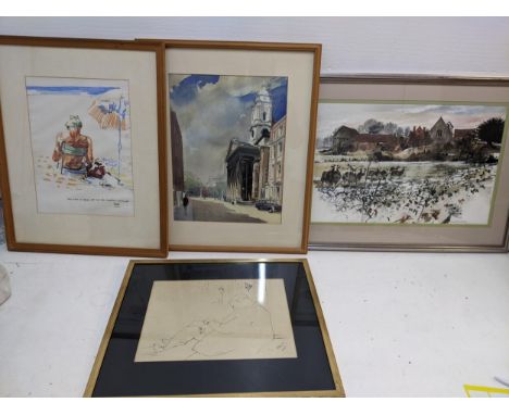 Pictures to include Len Conner, London street scene; David Birtwistle - sheep in a field; and DAH - a beach scene, watercolou