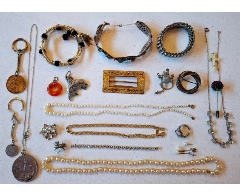 Mixed vintage costume jewellery and collectables to include a 19th Century gold plated buckle, a pair of white metal and pear