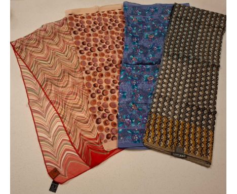 Missoni and other scarves comprising silk examples including an Epice grey and brown geometric patterned silk mix scarf. Loca