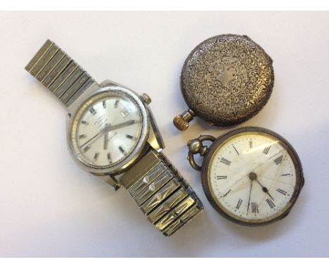 Two silver cased pocket watches together with a gent's Rotary automatic wristwatch.
(Ref 2)