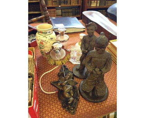 A glass liqueur set together with a glass decanter, Japanese Satsuma vase, wall light fitting and two terracotta figures.