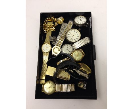 A collection of various watches including two silver cased pocket watches, a cigarette lighter and a gold coloured bracelet a