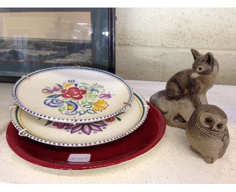 A Poole Pottery Barbara Linley Adams stoneware model of a Fox together with an Owl chick, two white bodied plates decorated i