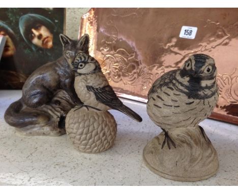 Three various Poole Pottery Barbara Linley Adams stoneware figures: Fox, Ptarmigan and Wren on an acorn.