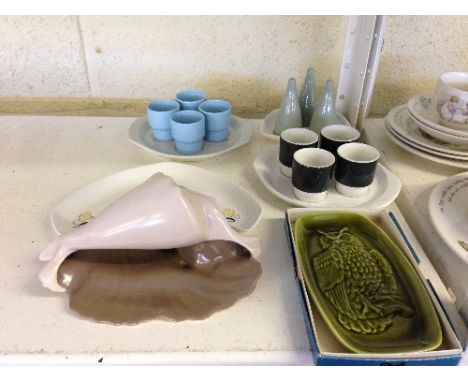 Three Poole Pottery cruet sets together with a Twin Tone shell, white bodied dish and green glazed Owl pin tray in box.