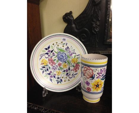 A large white bodied Poole Pottery dish decorated in the BN pattern together with a CS pattern vase.