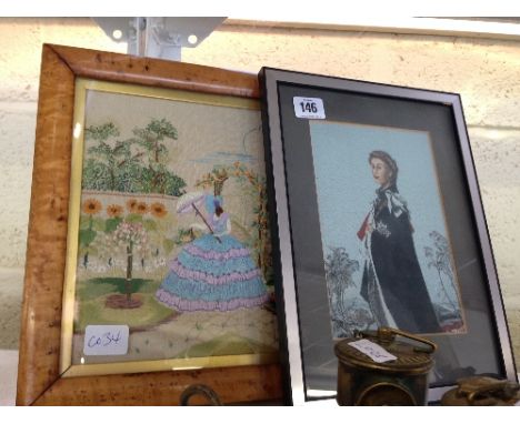 A maple framed Art Deco embroidered picture: Woman in Crinoline dress in garden together with a 1977 pure silk portrait of He