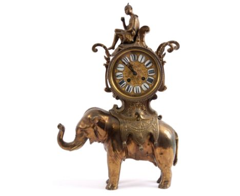 A LARGE LATE 19th CENTURY FRENCH ORMOLU ELEPHANT MANTEL CLOCK having a saddle surmounted by a clock below a seated oriental f