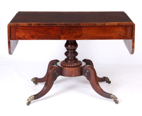 A REGENCY ROSEWOOD SCOTTISH ROSEWOOD CROSS-BANDED AND BOXWOOD INLAID, LABURNUM VENEERED TOP AND MAHOGANY SOFA TABLE with drop