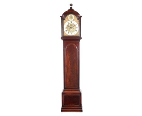 THOMAS MUDGE, LONDON. A FINE GEORGE III FLAMED MAHOGANY LONGCASE CLOCK the elegant case surmounted with a brass ball finial a