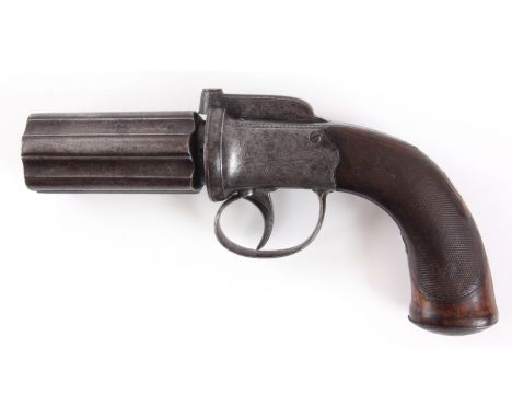 AN EARLY 19TH CENTURY SIX BARRELLED PEPPERPOT PISTOL BY H. ALLPORT CORK with finely engraved steelwork and chequered grip wit