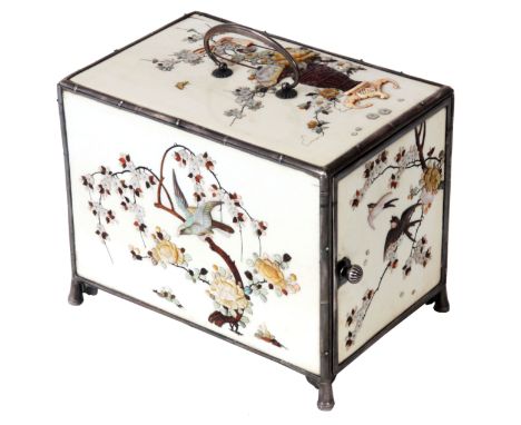 A FINE QUALITY JAPANESE MEIJI PERIOD SILVER MOUNTED SHIBAYAMA INLAID IVORY TABLE CASKET with simulated Bamboo silver edges su